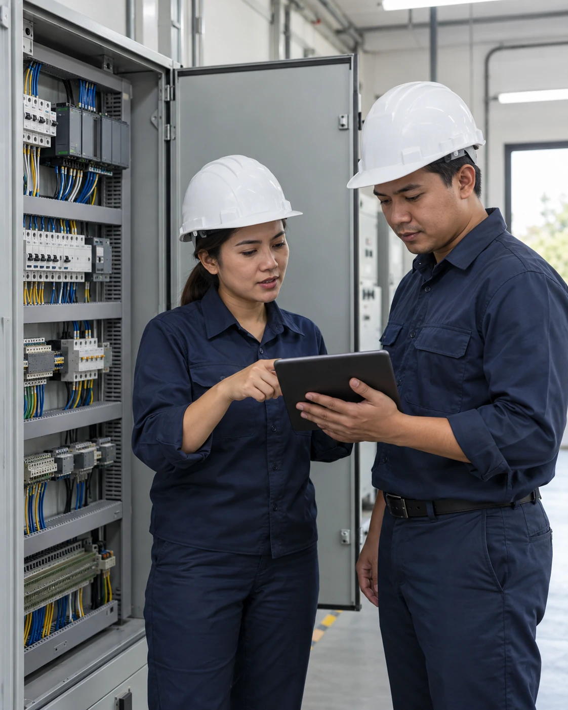 Illustrative engineers in unbranded uniforms reviewing a tablet beside an electrical control cabinet