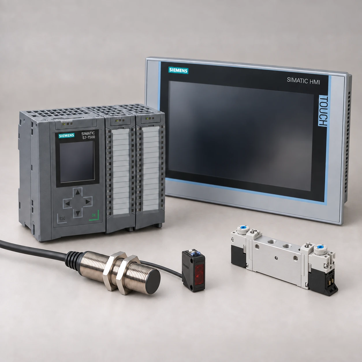 Illustrative Siemens S7-1500 PLC, TP1200 Comfort HMI, pneumatic valve, inductive sensor and photoelectric sensor