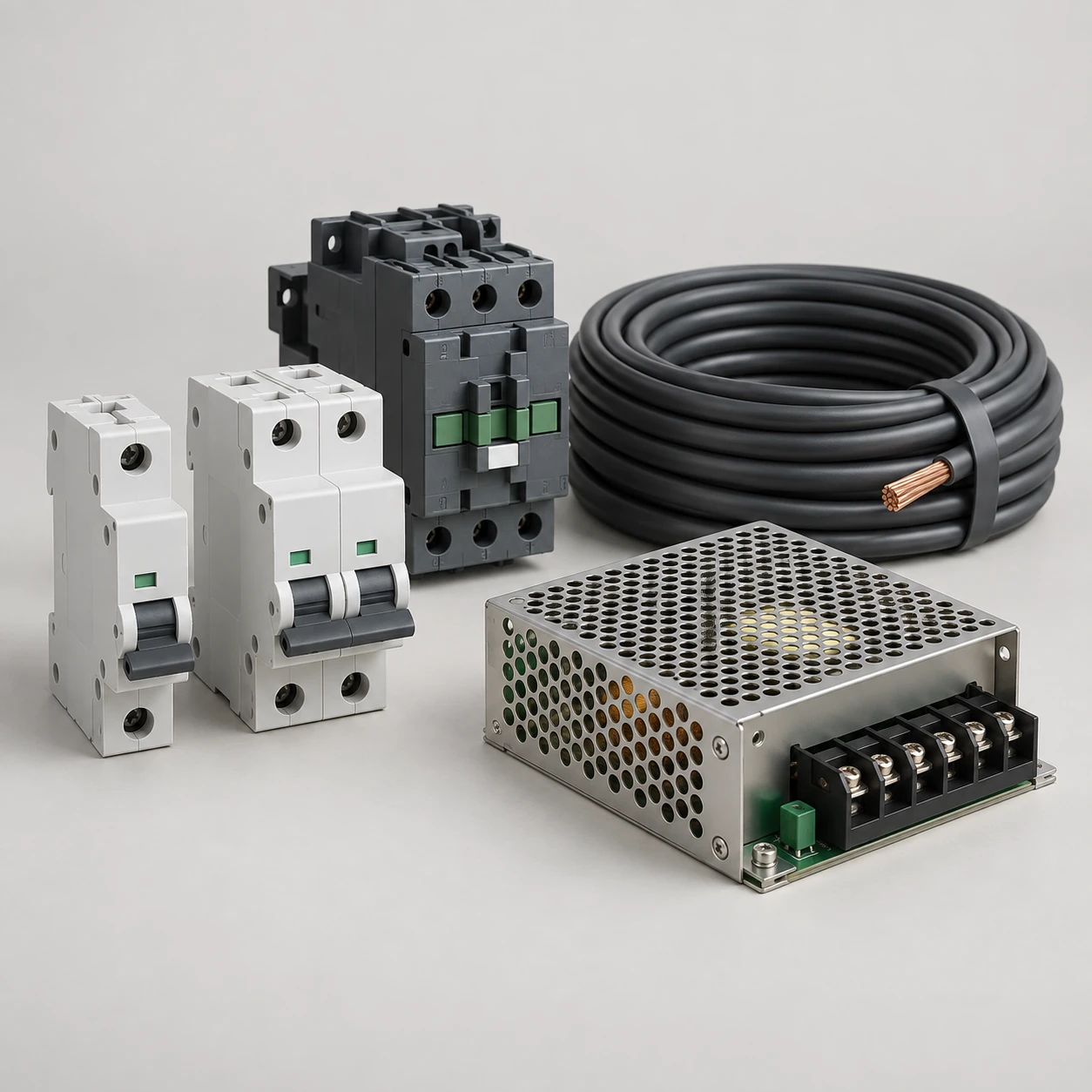 Illustrative circuit breakers, contactor, cable and power supply components