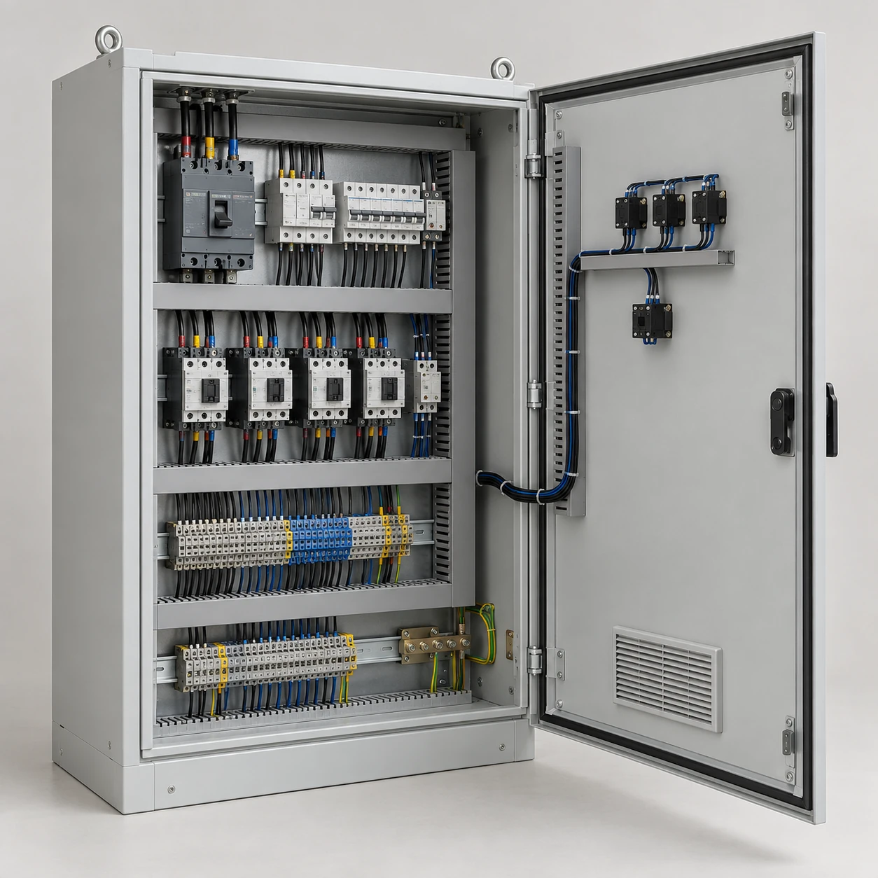 Illustrative fabricated control cabinet with orderly wiring and components