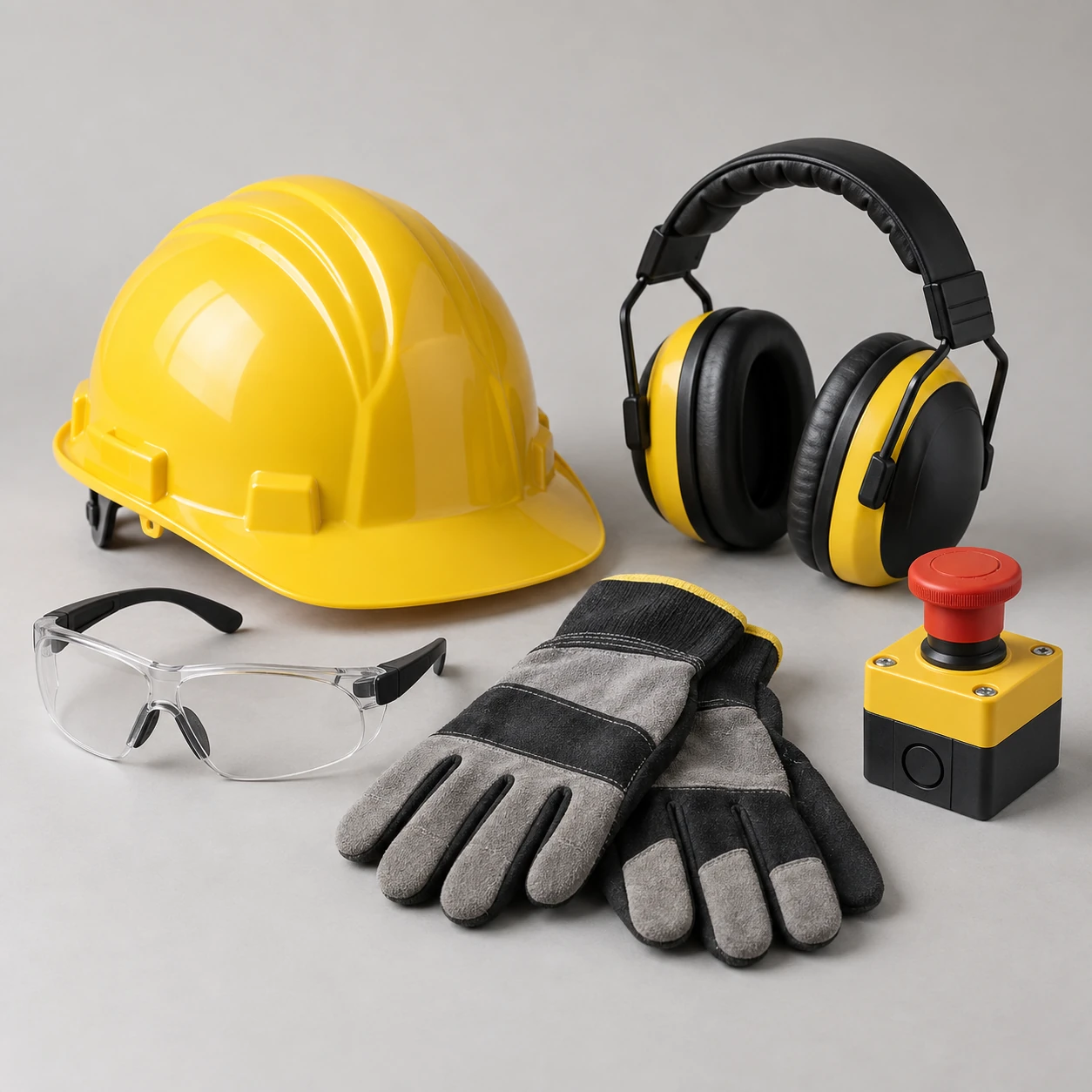 Illustrative hardhat, gloves, safety glasses, earmuffs and emergency stop