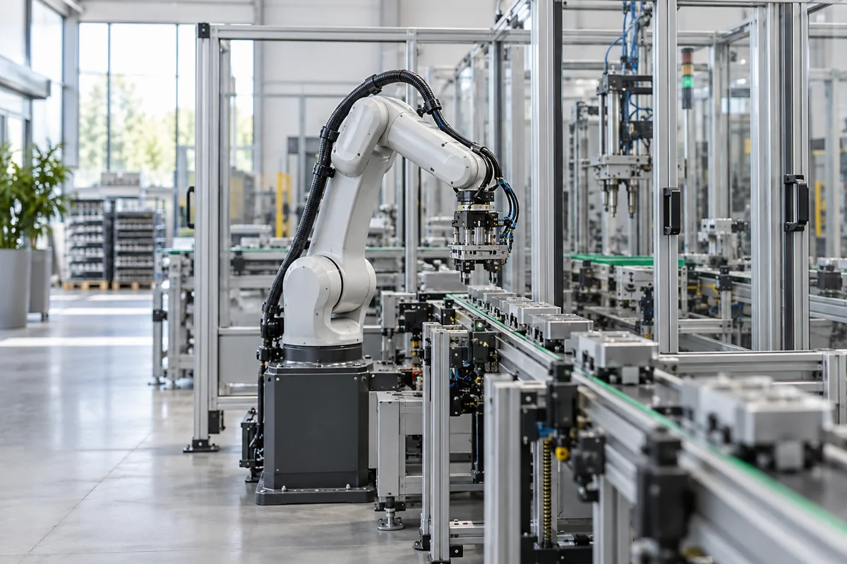 Illustrative industrial robot and conveyor inside a modern production cell