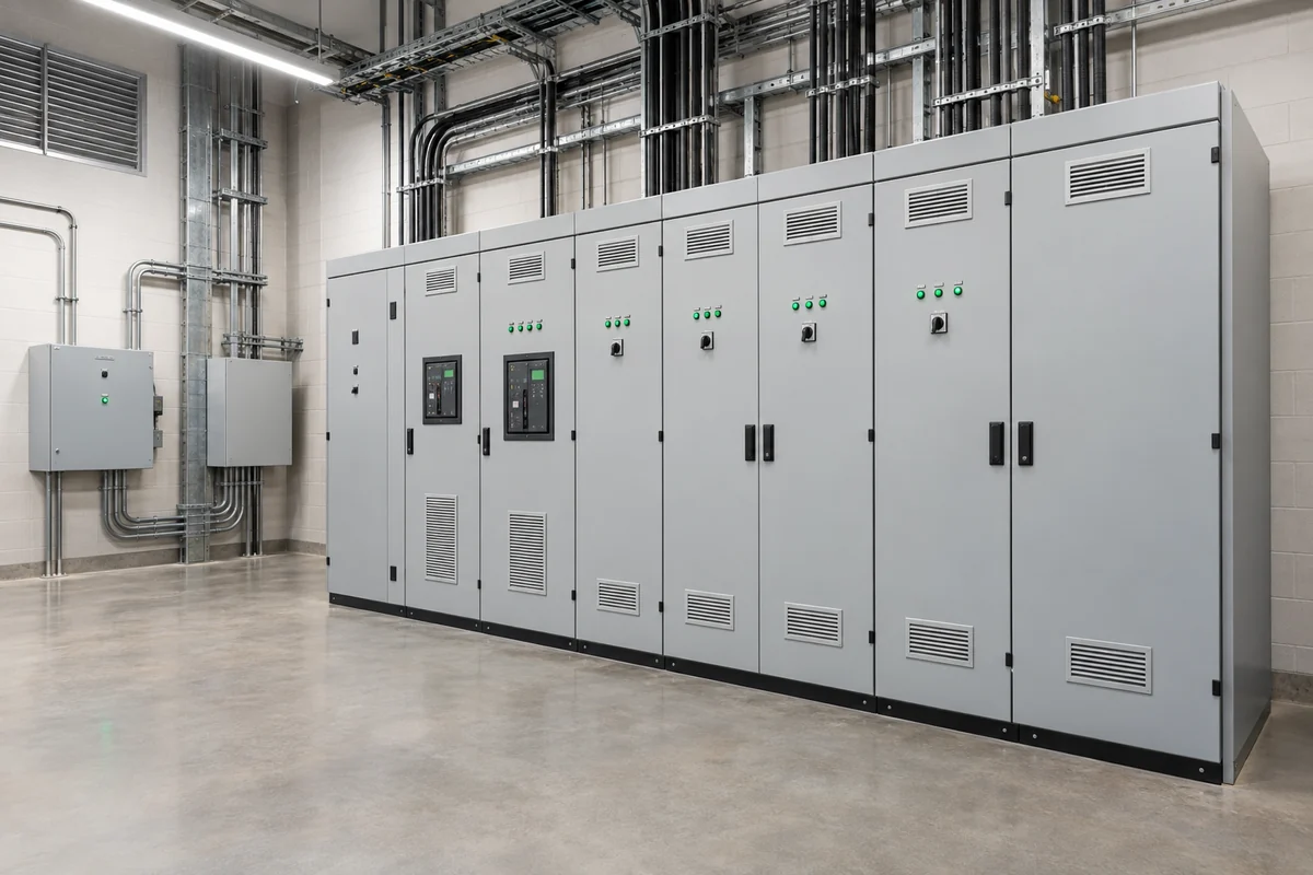 Illustrative electrical switchgear cabinets in a clean distribution room