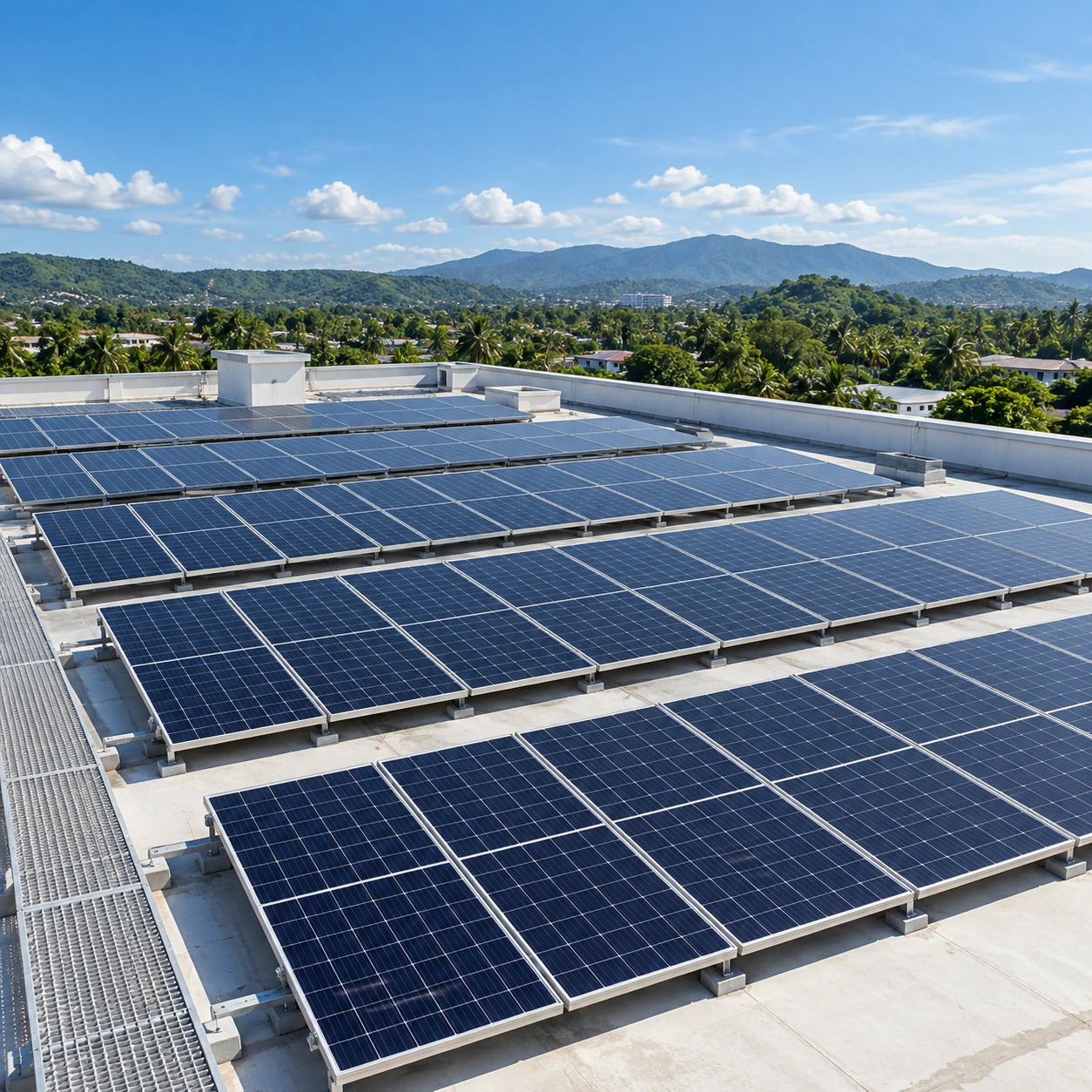 Illustrative rooftop solar array in bright daylight, with tropical greenery and hills beyond